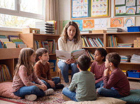 Teacher read storybook to children in classroom circle