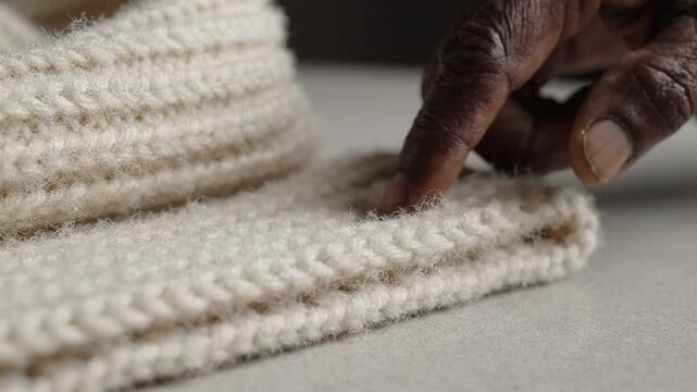 A person with dark skin gently touches and feels the soft texture of a thick, white knitted scarf.