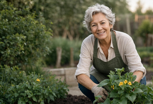 Senior woman gardening with flower plants in backyard