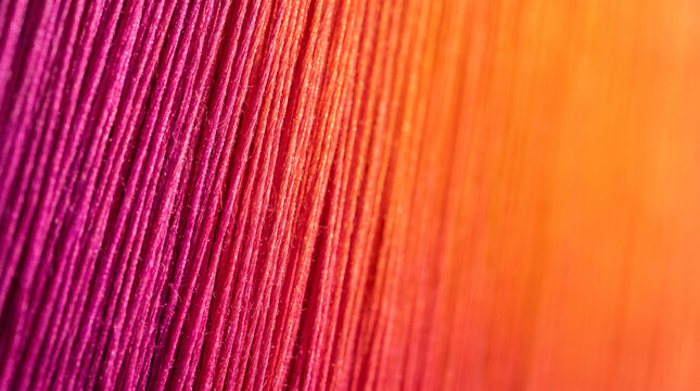 Extreme macro of hundreds of taut parallel vertical threads in gradient from hot magenta to vivid orange with selective focus and copy space