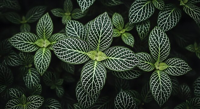 Lush Nerve Plant Foliage featuring intricate white veins on dark green Fittonia leaves in a dense cluster ideal for botanical backgrounds and nature-themed web design.