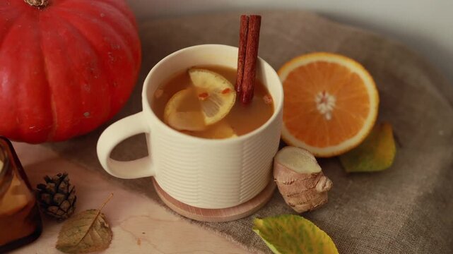 Autumn tea with orange, lemon and cinnamon for vitamin boost