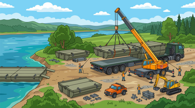 Truck and crane unloading temporary bridge pontoons beside a lake, bridge construction flat vector illustration