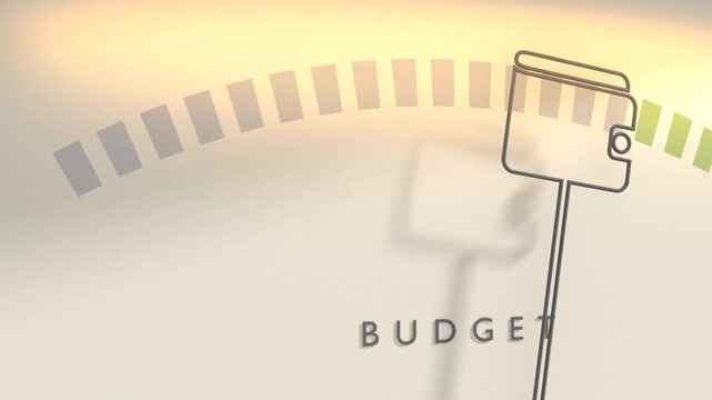 A gauge meter features a scale and a wallet icon on the needle. The label budget symbolizes financial planning.