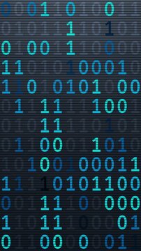 Seamless 3D loop with glowing blue binary numbers scrolling across a dark grid, futuristic data interface for AI, network, software and cyber visuals.