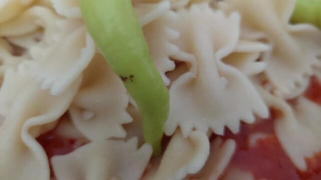 cooked bow tie farfalle pasta with rich red tomato sauce and chili pepper