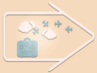Illustration featuring a travel theme, highlighted by a blue suitcase, white clouds, and small airplanes inside a directional arrow outline © Rose