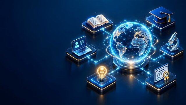 Isometric 3D illustration of a glowing digital globe connected to online education technology and science icons on a dark blue background