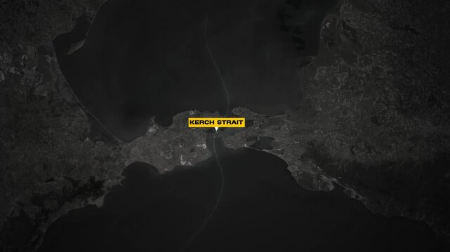Kerch Strait locator map animation with label on dark terrain