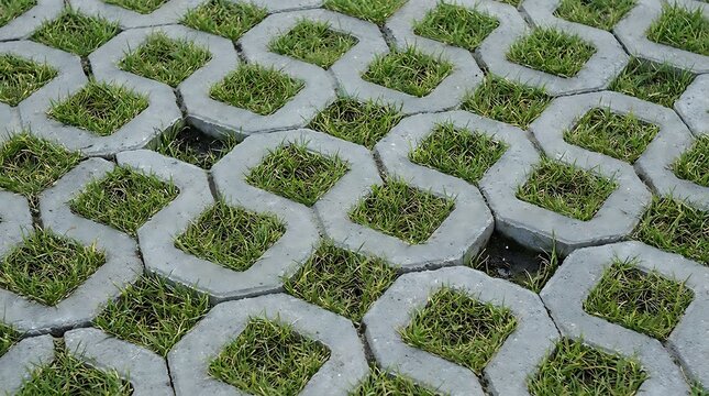 Interlocking gray concrete pavers with hexagonal and square openings filled with vibrant green grass, creating eco-friendly patterned surface.
