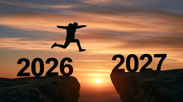 Silhouetted figure leaps over 2026 and 2027 year markers against a dramatic sunset, representing ambitious future goals