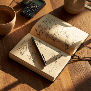 Overhead journalist workspace featuring an open notebook, pen, recorder and coffee cup on an oak desk. Warm golden light creates ample negative space ideal for editorial blogs and media branding.