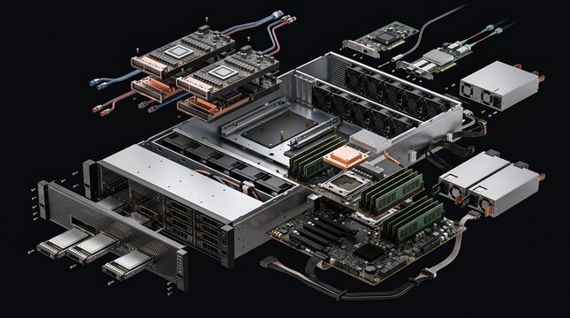Exploded view of a modern server rack system, showing disassembled hardware components for cloud computing, data processing, and AI infrastructure.