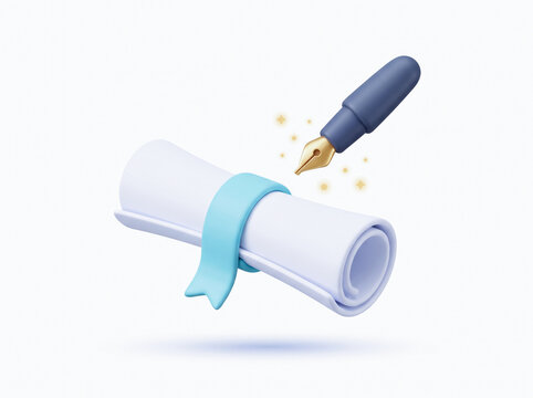Rolled parchment paper diploma scroll tied with ribbon and hovering fountain pen concept of legal contract signing graduate degree isolated on white background 3d render