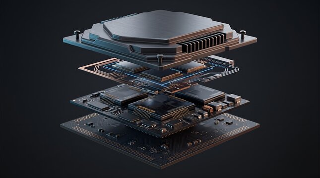 Exploded computer chip with glowing circuits revealing complex layered architecture