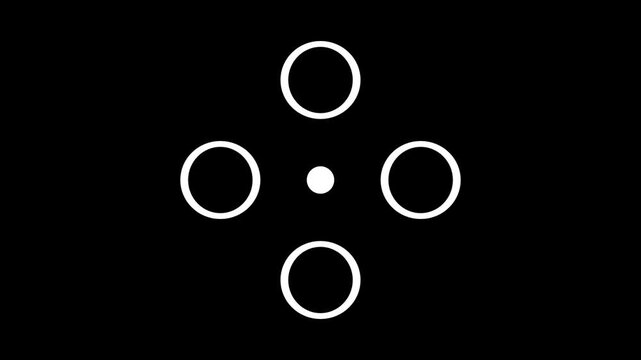 Five white circles arranged in a cross shape with a solid center on a black background, minimal geometric design for modern abstract motion graphics