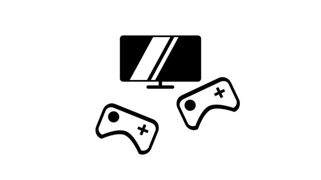 Black line icon of a flat screen television with two game controllers below on a clean white background, perfect for gaming and entertainment concepts
