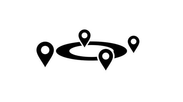 Black icon of map location pins orbiting around an oval ring on a clean white background, GPS tracking and travel destination concept for navigation