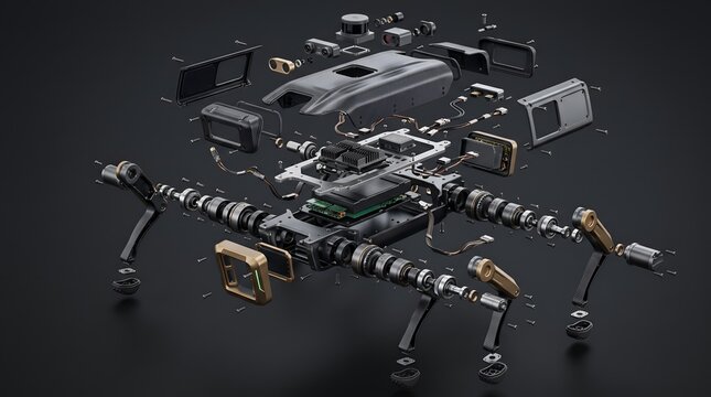 Exploded view of a robotic quadruped showing internal mechanical components and electronic sensors for high-tech engineering assembly