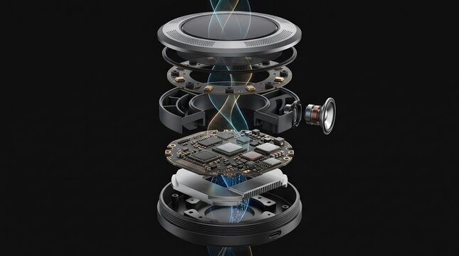 Exploded view of smart speaker internal audio components and microchip processor showing sound wave technology on dark background