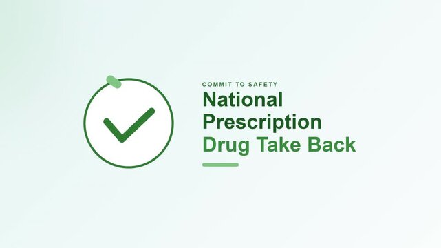 Animated green checkmark circle emblem promotes national prescription drug take back events, suitable for public health campaigns and educational materials.