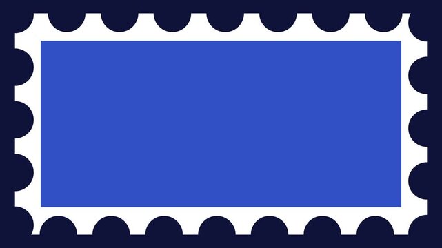 Blank blue postage stamp with white perforated scalloped edges on a navy background, mail and postal concept for letters, delivery and vintage design