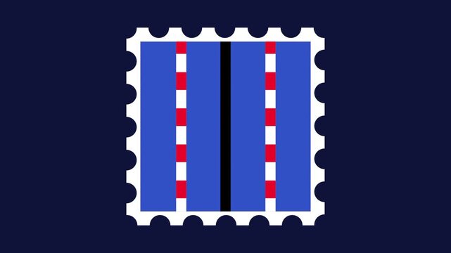 Blue postage stamp with perforated white edge and red and white striped design on a dark navy background, mail and postal concept for vintage design