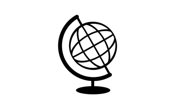 Black line art illustration of a desktop globe with latitude and longitude lines on a curved stand with a round base isolated on a white background