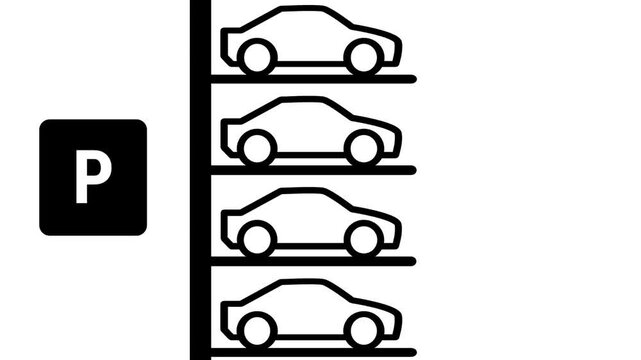 Black icon of a multi-level automated car parking tower with four cars stacked on separate floors beside a white letter P sign on a white background
