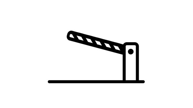 Black line icon of a parking barrier gate with a striped boom arm raised up beside a control booth and ground line isolated on a white background