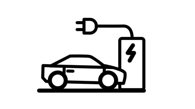 Black outline icon of an electric car connected by a cable plug to a charging station with lightning bolt symbol representing EV charging on white