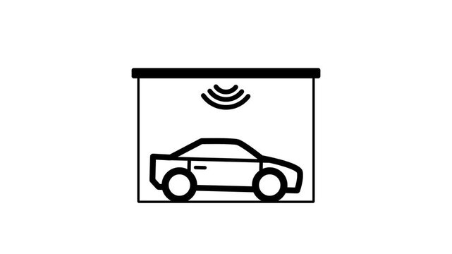 Black line icon of a sedan car inside a garage frame with wireless signal waves above representing smart garage sensor detection on a white background