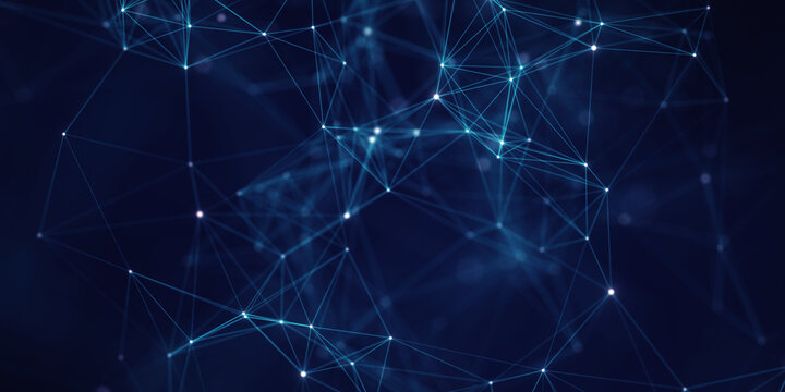 Abstract Digital Network Background With Glowing Nodes And Connecting Lines Representing Data Flow, Artificial Intelligence, Big Data, Cloud Computing, And Modern Technology Communication Systems.