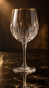 Empty crystal wine glass in warm dramatic light