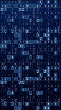 Seamless loop 3D animation of glowing blue binary digits arranged in a digital grid, creating a futuristic background for data, programming, computing and cybersecurity.