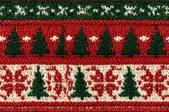 Christmas ugly sweater knitted texture with pine trees and snowflakes in red, green and white, seamless pattern