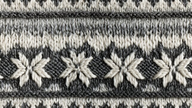 Grey and white Nordic knitted sweater texture with snowflake bands, seamless pattern