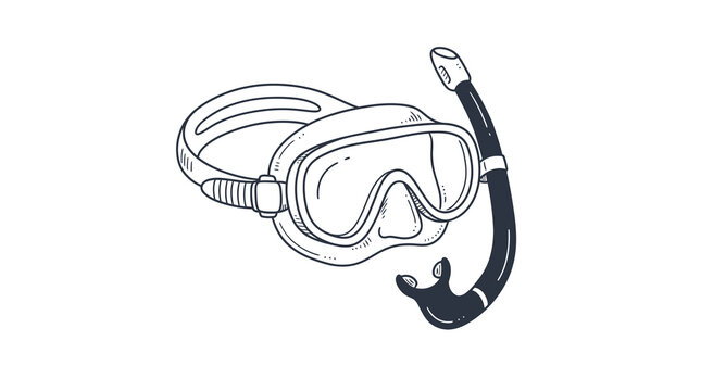 Vintage hand drawn diving mask and snorkel tube line art illustration for summer marine exploration.