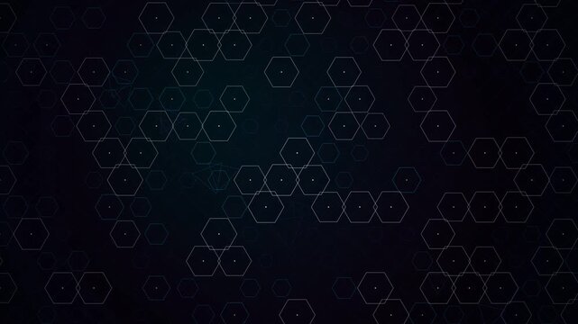 An abstract digital motion graphic featuring a glowing white geometric hexagon network structure on a dark background with subtle ambient lighting and particle depth.