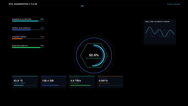 A digital motion graphic featuring a glowing cybernetic systems diagnostics interface with fluctuating data metrics, circular loading indicators, and telemetry graphs under soft ambient lighting again