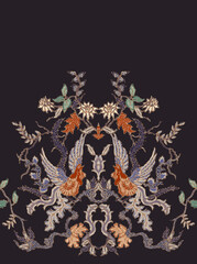 Luxury dark navy ethnic ornament border pattern with mythical phoenix bird and floral motif © Urpattern