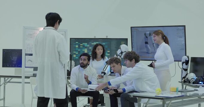 Engineers lean in toward the robotic arm prototype on its stand, one handing a robotic glove to a seated colleague as the CAD render is displayed on the screen behind.