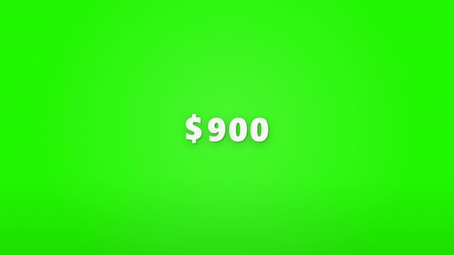 Number nine hundred dollars text animation on a green screen background.
