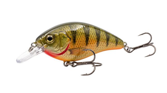 Realistic perch pattern crankbait lure, professional fishing tackle for predatory fish, artificial hard bait with sharp treble hooks and diving lip isolated PNG with Transparent Background