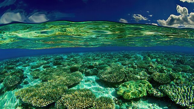 Vibrant coral reef ecosystem in shallow turquoise water.