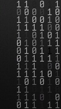Seamless loop 3D animation of white and gray binary digits on a black digital screen. Minimal futuristic background for data, programming, AI, cybersecurity and technology.