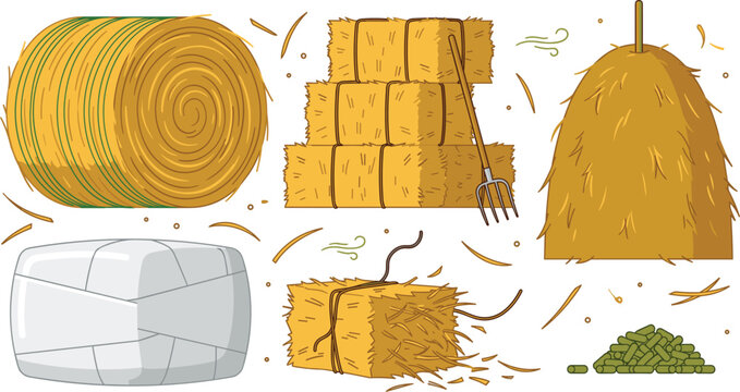 Agricultural Hay Bale Vector Set Featuring Round Straw Rolls, Square Straw Bales, Wrapped Silage, Haystacks, and Pitchfork Elements for Farm and Agriculture Graphic Designs