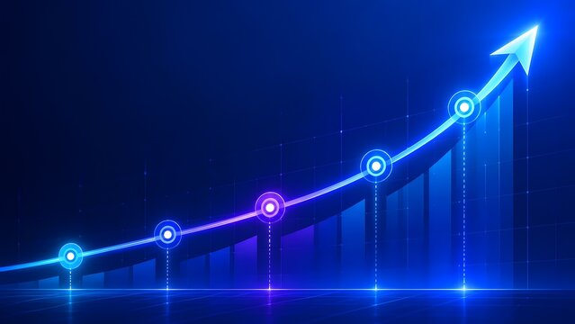 Glowing blue neon upward arrow line graph with circular data nodes and vertical bar chart on dark grid background for financial growth analytics