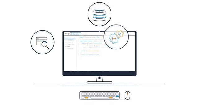 Modern motion graphic animation of a developer clean white computer workstation with wireframe code text on screen, keyboard, mouse, and floating badges representing database server storage.