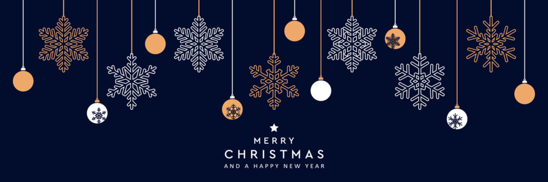 christmas greeting banner with hanging snowflakes vector illustration